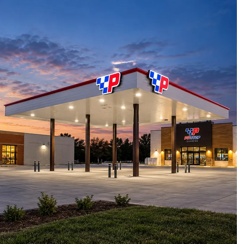 Pitstop Express fuel canopy at dusk with red-trimmed white fascia and the lit Pitstop checkered-flag logo on two faces, store with matching sign behind