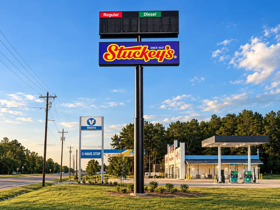 Ninety-foot single-pole high-rise pylon at a travel stop with a Stuckey's cabinet and a regular and diesel LED price sign on top, a shorter Valero mid-rise sign beside it, and the fuel canopy and store behind
