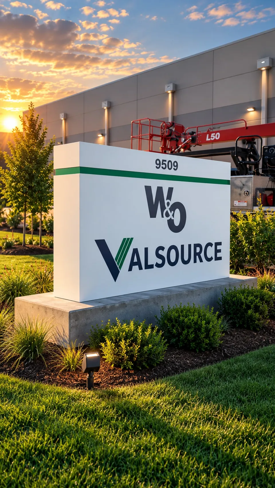 White aluminum monument sign reading W&O Valsource with address 9509 and a green stripe, on a concrete base in a landscaped bed with an uplight, in front of a gray tilt-wall industrial building at sunset