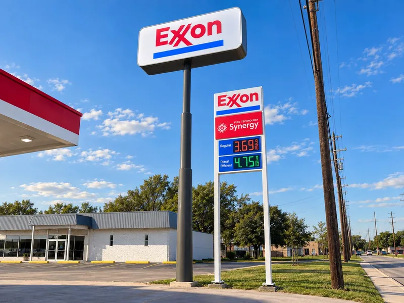 Exxon station by day: a tall single-pole pylon with the Exxon cabinet on top and, beside it, a shorter mid-rise sign with the Exxon and Synergy panels and LED digits showing regular and diesel prices