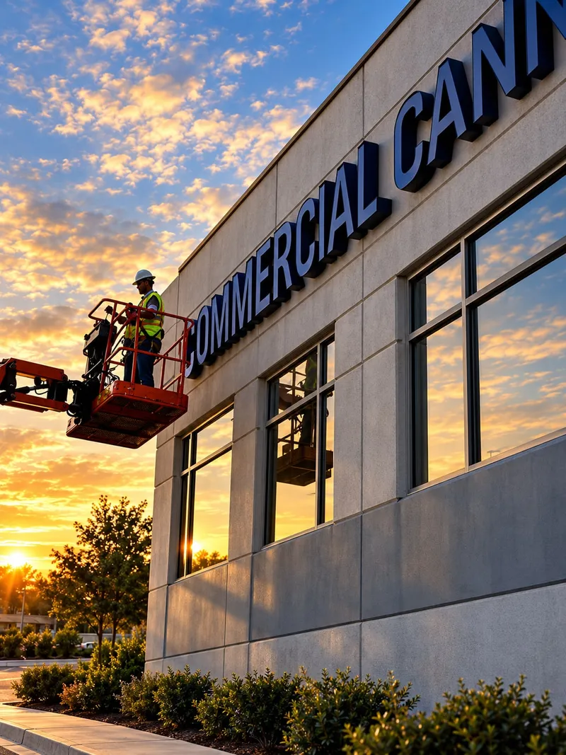 Installer in a boom lift bucket at sunset fastening large dark halo-lit dimensional letters to the upper facade of a concrete-panel office building