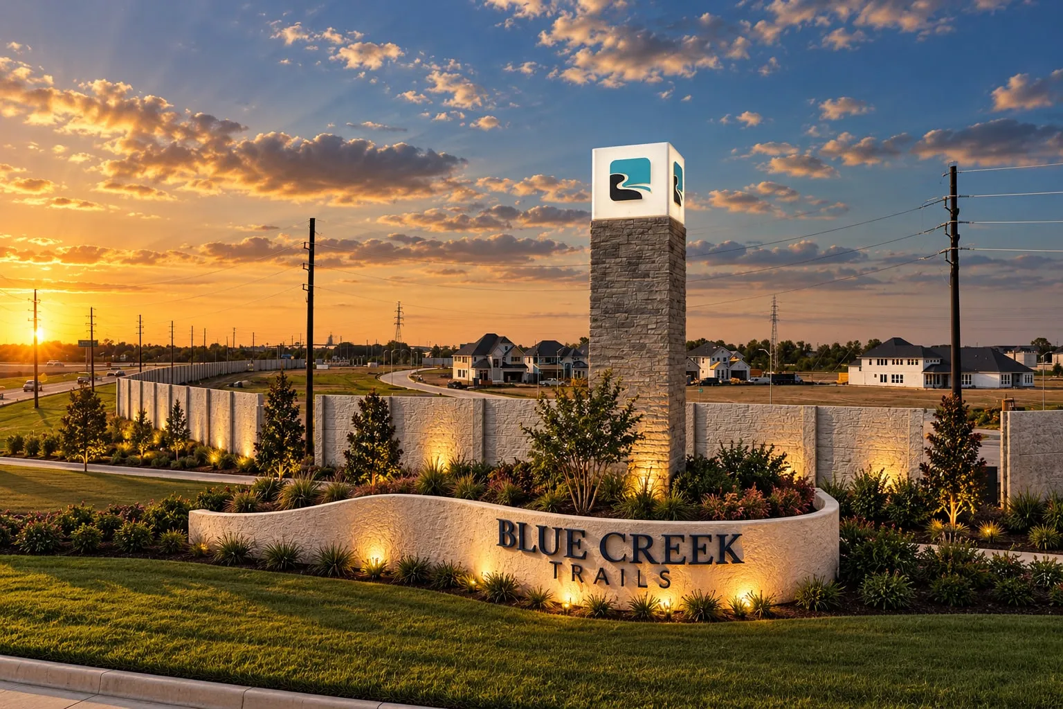 Blue Creek Trails entrance monument sign at dusk: stone pylon with an illuminated logo cabinet above a curved stone wall with lit dimensional letters, built and installed by MorSigns
