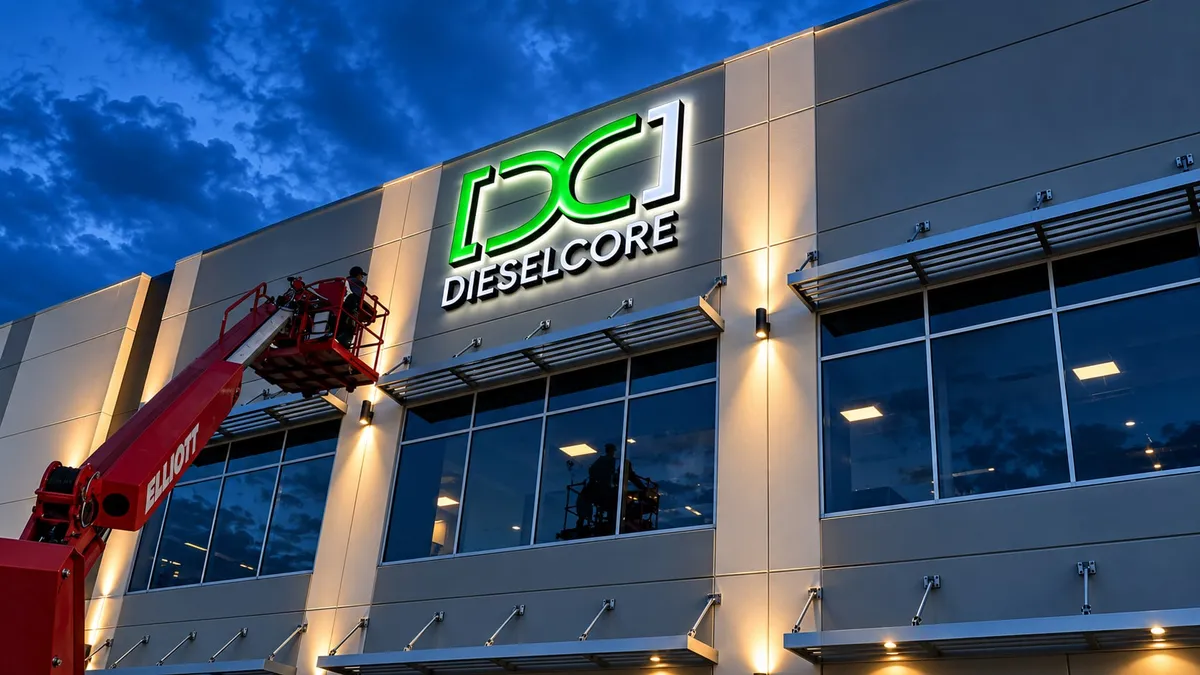 Dieselcore halo-lit sign glowing green and white at dusk on a beige tilt-wall office building, with an installer in a boom lift beside it