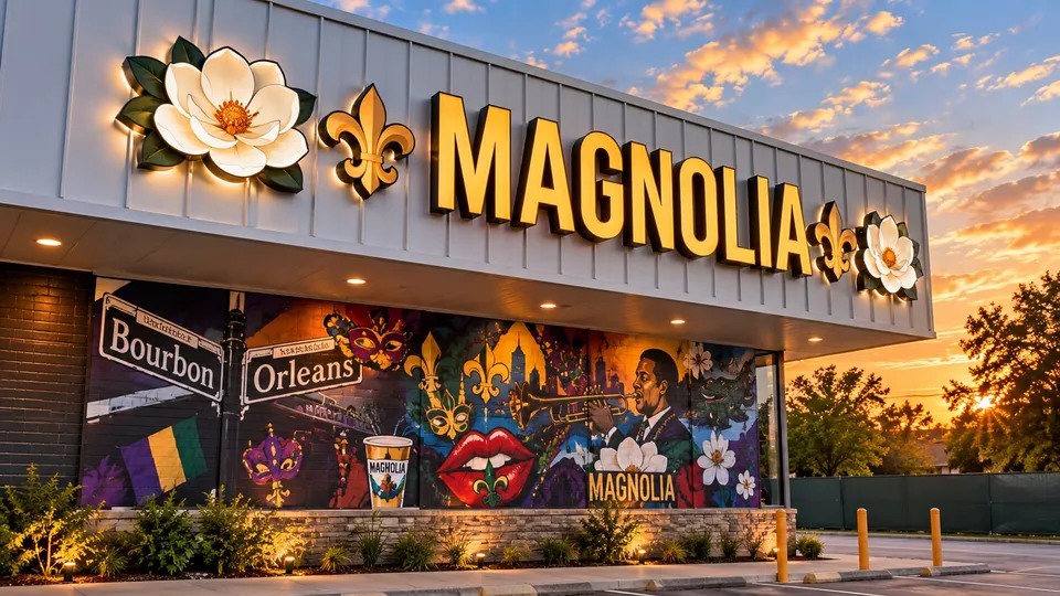 Magnolia restaurant at dusk: gold front-lit channel letters reading MAGNOLIA on a corrugated parapet, with dimensional fleur-de-lis and white magnolia flower logo elements, above a New Orleans-themed mural wall