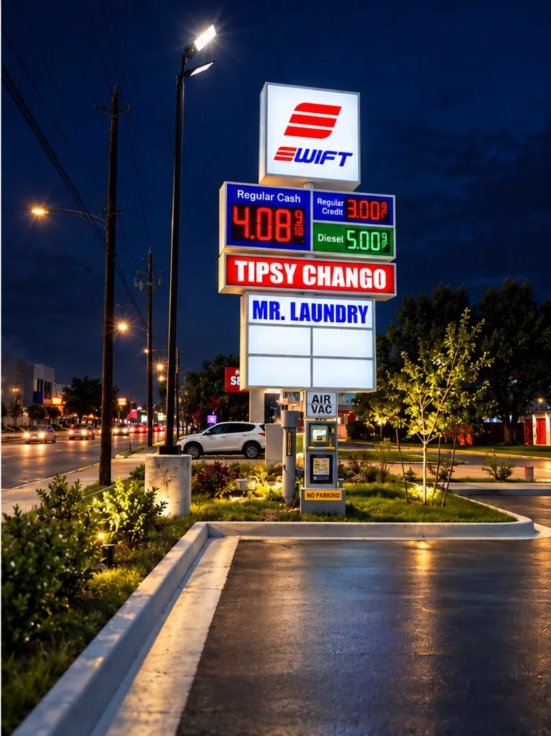 The same Swift price pylon at night with the brand cabinet, LED price digits and tenant panels all illuminated over a wet parking lot